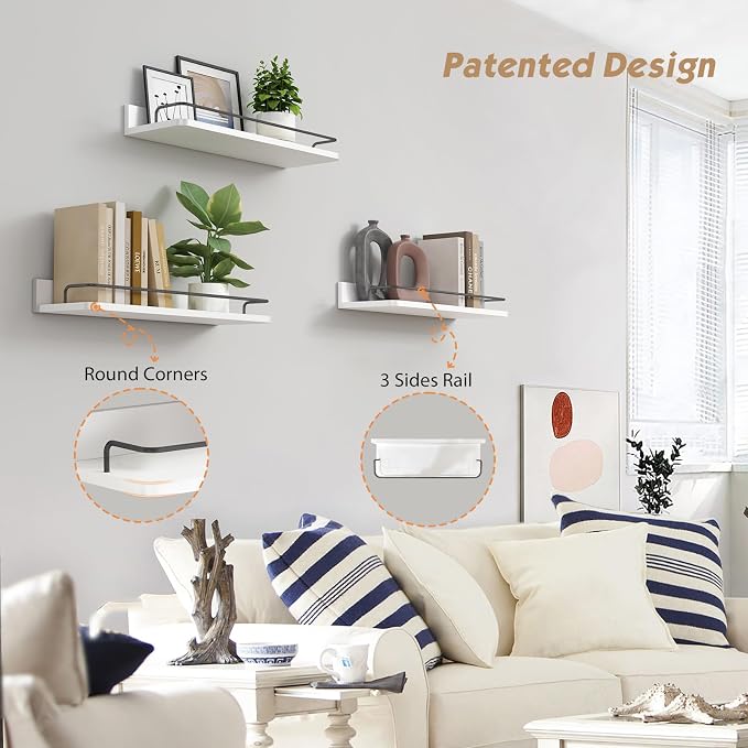 Forbena White Floating Shelves Bathroom Shelves Over Toilet Set of 3, Bathroom Organizers and Storage Shelves Wall Mounted, Modern Wood Corner Wall Shelf for Bedroom Closet -White and Dark Grey - Image 4