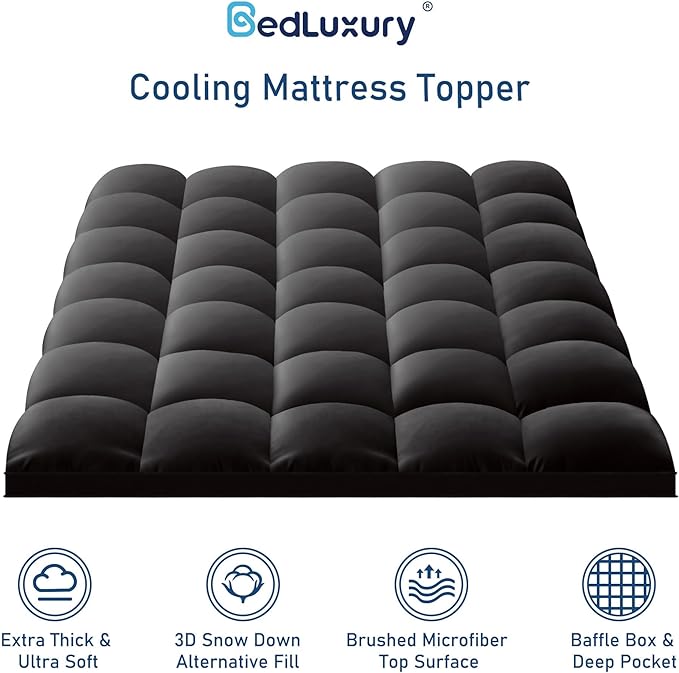 King Mattress Topper Extra Thick Pillowtop Cooling Plush Mattress Pad Cover Protector with 8-21 Inch Deep Pocket 3D Snow Down Alternative Fill Black