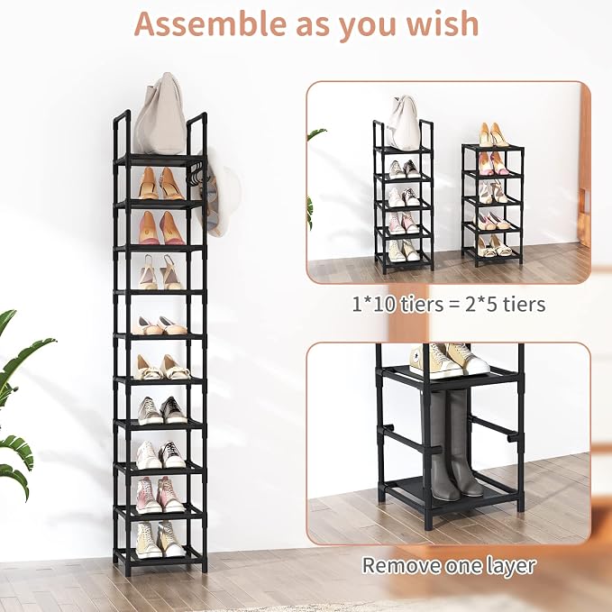 LANTEFUL Tall Narrow Shoe Rack for Entryway, 10-Tier Sturdy Metal Shoe Shelf Storage 10-15 Pairs of Shoes and Boots, Space Saving Corner Shoe Rack Organizer for Closet,Doorway,Garage,Living Room - Image 5