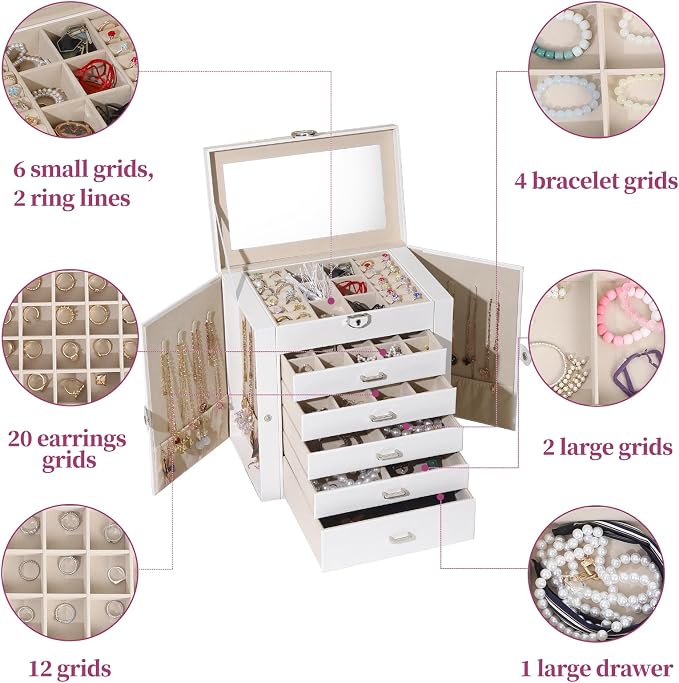 BOOVO Jewelry Box For women, 6 Layer Large Jewelry Organizer With Mirror, Multi-Function Storage Box With Lock, Accessory Holder With 5 Drawers, For Earrings Necklace Ring Bracelet (White) - Image 5