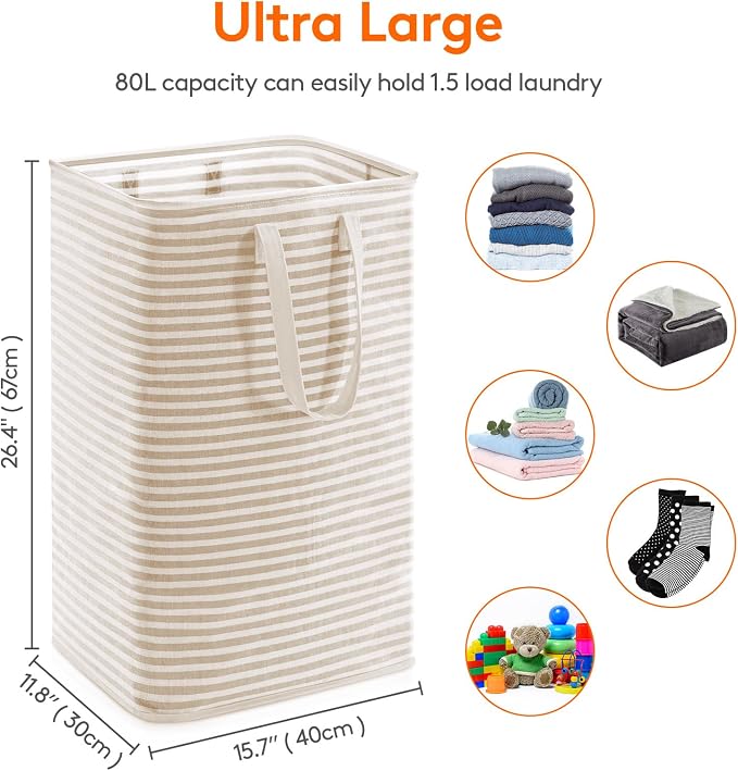 Lifewit 1 Pack Laundry Basket 80L Each, Collapsible Clothes Hamper with Reinforced Handles, Freestanding Waterproof Design for Bedroom and Laundry Room, Beige 80L Total - Image 3