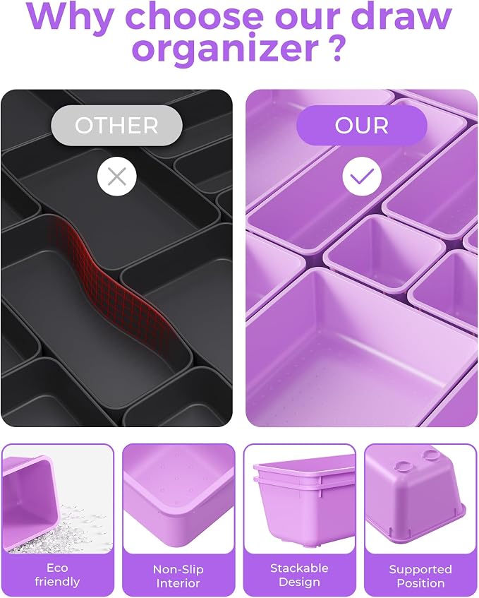 BiuLeon 25 PCS Plastic Drawer Organizers Set, 4-Sizes Vanity and Makeup Organizer, Desk and bathroom Drawer Organizer Trays, Organizers and Storage for Makeup, Jewelry, Gadgets, Utensils (Purple) - Image 5