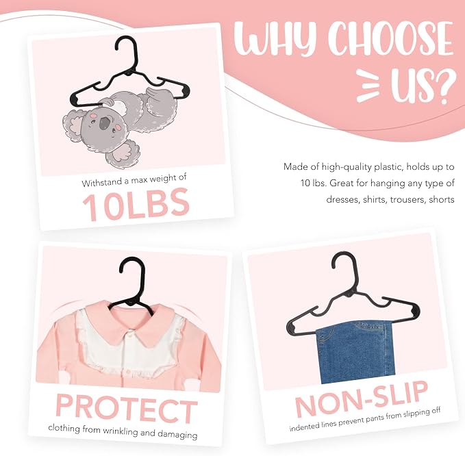 HOUSE DAY Plastic Baby Hangers for Closet 20 Pack, Durable Plastic Kids Hangers for Baby Clothes, Thin & Compact Childrens Hangers, Space Saving Black Baby Hanger, Small Hanger for Kids Clothes - Image 3