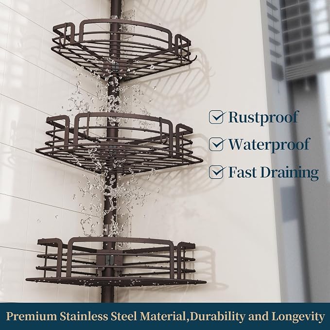 Consumest Corner Shower Caddy Tension Pole - Rustproof Shower Shelves with Towel Bar & Soap Holder, Adjustable Bath Organizer for Bathroom Storage, 27.6-108.3 inch, Bronze - Image 6
