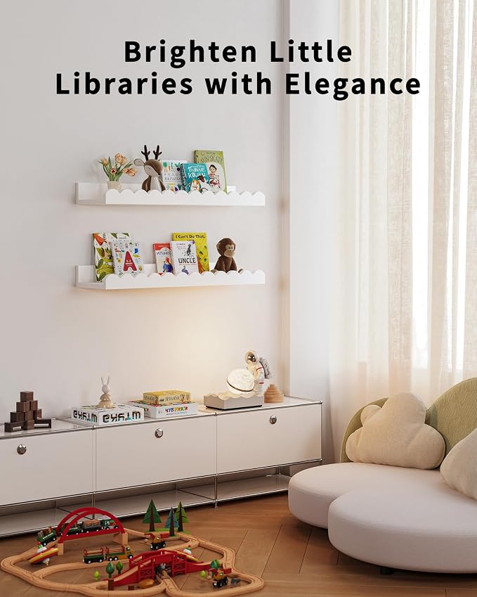 Shario Nursery Book Shelves, 8-Pack White Floating Shelves for Wall Kids, Scalloped Shelves, Wall Book Shelves for Bedroom Kids, Toddler Room, Baby Room, Nursery Decor - Image 5
