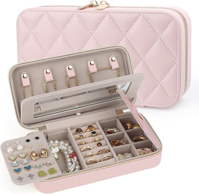 Travel Jewelry Case with Mirror, Quilted Small Jewelry Box Organizer for Women Girls, Portable Earring Necklace Bracelet Ring Holder Storage for Travel Weekend Trips (Blush Pink) by Lumayina