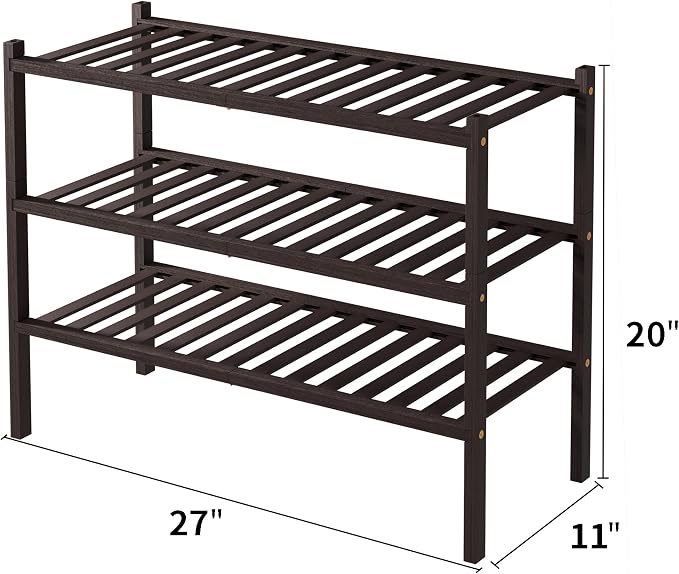 ROMGUAR CRAFT 3 Tier Bamboo Shoe Rack for Closet Free Standing Wood Shoe Shelf for Entryway Small Space Stackable 27"x11"x20" (Brown) - Image 3