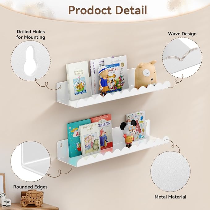 Nursery Book Shelves, 17 Inch Metal Floating Shelves for Wall 4 Pack, Scalloped Shelves, Wall Mounted Book Shelf for Kids Bedroom, Baby Room, Nursery Decor (White) - Image 4
