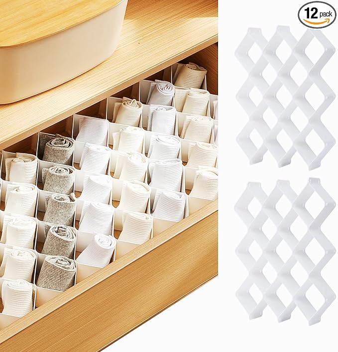 ROUFA Sock Drawer Organizer for Dresser, Honeycomb Underwear Dividers for Women, Panty Separator for Bras, Socks, Belt and Leggings (12pcs.White) by ROUFALIFE