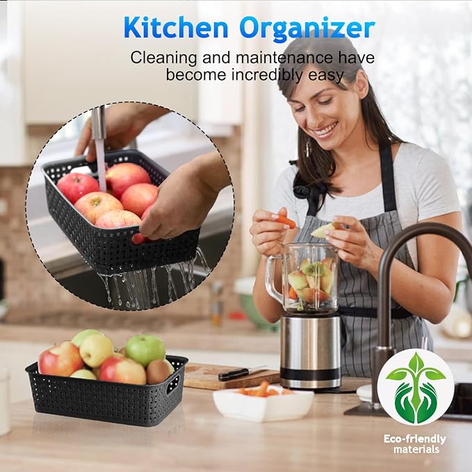 FUCDTEFC Black Plastic Basket, 8 Pack Home Organization and Storage Baskets with Handles, Space Saving Woven Organizer Bins Plastic Storage Basket for Organizing Cabinets,Closets, Shelves, Countertops - Image 8