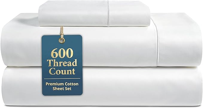 LANE LINEN Twin XL Sheets Set - 600 Thread Count Premium Sateen Weave for Hotel Quality Luxury - Extra Soft & Breathable Cotton Sheets Set for Single Beds - Fits Mattresses Upto 15'' Deep - White