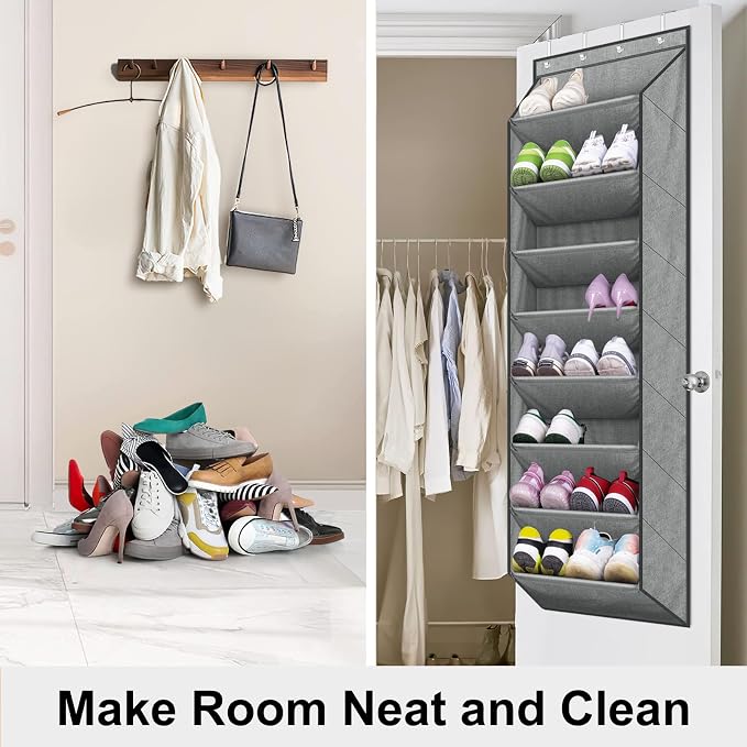 SLEEPING LAMB Over The Door Shoe Organizer for Closet with Large Deep Pockets, Narrow Shoe Rack for Door Hanging Boots Storage, Grey - Image 5
