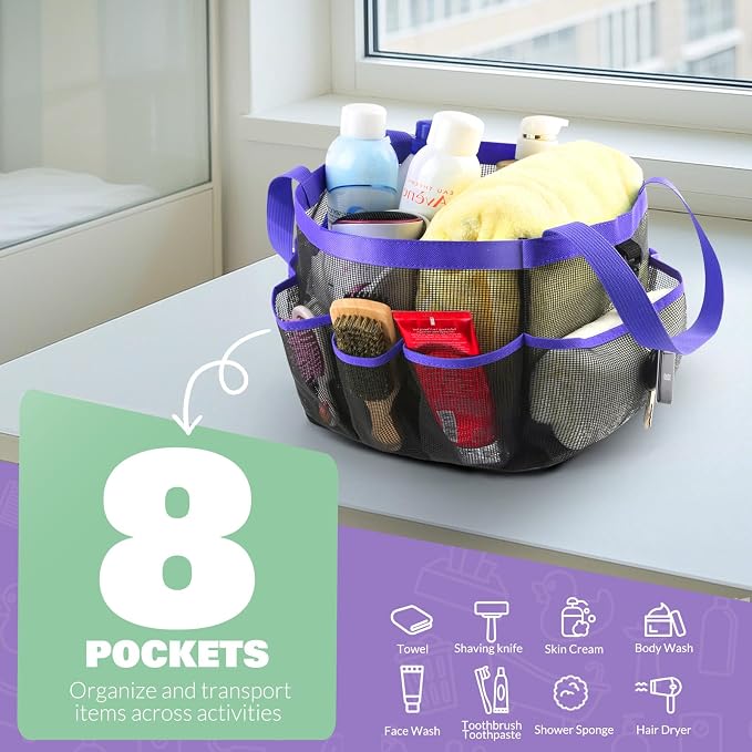 LOYEE Mesh Shower Caddy Portable for College Dorm Room Essentials with 8 Pockets, Shower Bag for Beach, Swimming, Gym, Travel, Bathroom(Purple) - Image 3