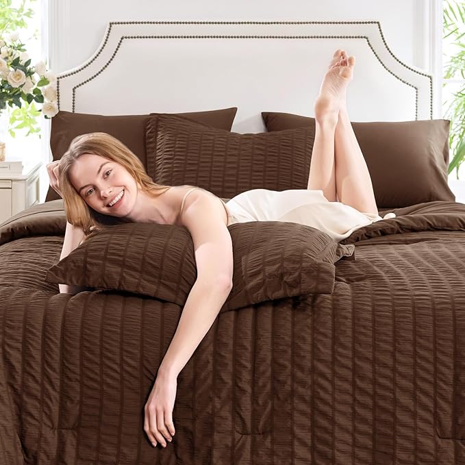CozyLux Twin Comforter Set with Sheets 5 Pieces, Brown Seersucker Textured Bed in a Bag for Bedroom, Luxury Soft Bedding Sets with Down Alternative Comforter, Sheets, Pillowcase & Sham for All Seasons