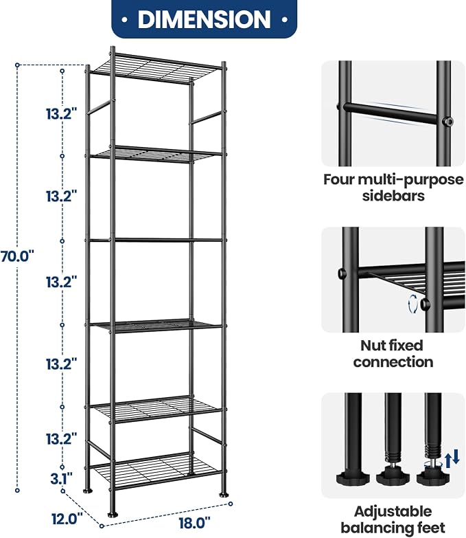 Abiglifty Storage Shelves, 6-Tier Metal Shelving, Closet Shelves with Adjustable Leveling Feet, Shelf Organizer for Kitchen, Pantry, Laundry - Image 2