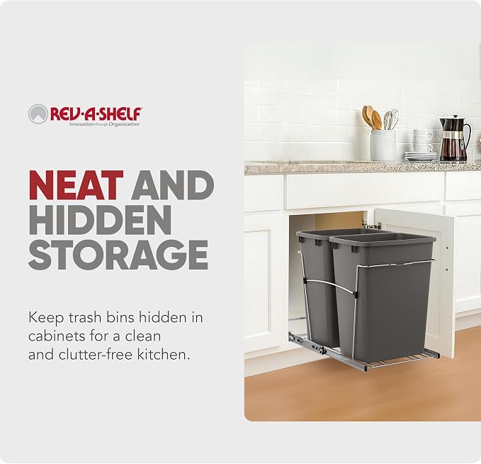 Rev-A-Shelf RV-18KD-13C-S Double Pullout Trash Can for Kitchen Cabinets 35 Quart Garbage Recycling Bin on Full Extension Slides, Gray - Image 5