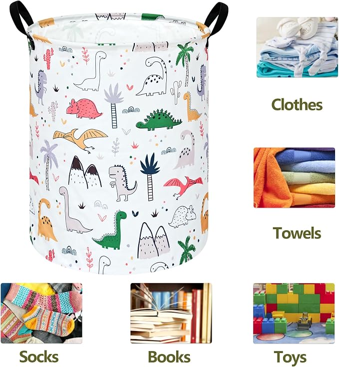 Collapsible Kids Laundry Basket Clothes Hamper, Foldable Storage Organizer Bin, Toy Clothes Storage with Handles for Boys Girls Bedroom, Room Decor Dinosaur - Image 2