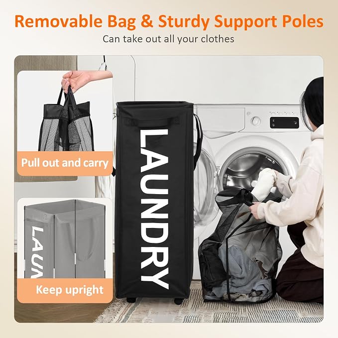 Optish Laundry Basket with Wheels, 90L Rolling Laundry Hamper with Wheels, Large Clothes Hamper on Wheel with Removable Mesh Bag for Bedroom, Dorm Room Essentials, Black - Image 6