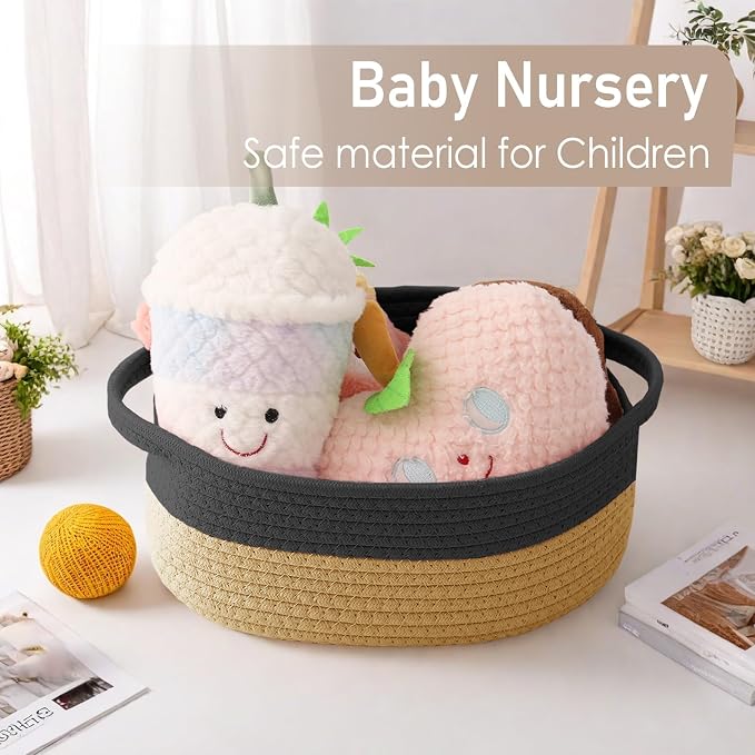 JMvicyroam Woven Basket,Small Rope Storage Bin with Handles & Ribbon Bag, Organizer for Shelves Closets,Gift Basket Empty for Birthday,Books,Dog Toys, Black&Jute - Image 5