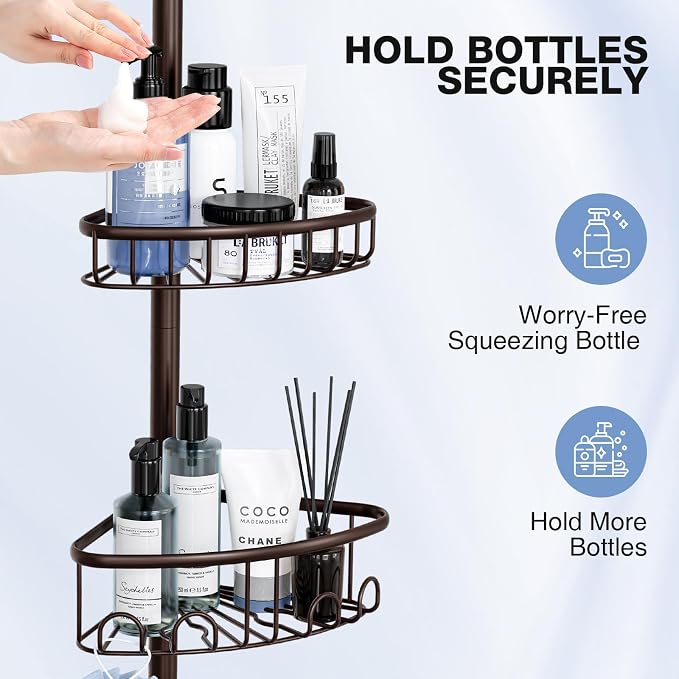 Corner Shower Caddy Tension Pole: Stainless Steel Rustproof 4-Tier Shower Organizer - 47-121 inch Adjustable Bathroom Shelves for Bathtub Shampoo Storage - Tension Rod Floor Standing Bath Rack -Bronze - Image 5