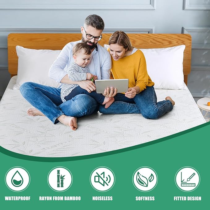 Waterproof Mattress Protector Twin Size, Viscose Cooling Breathable Mattress Cover, Fitted Deep Pocket Mattress Pad Cover Stretches up to 23 Inches, Noiseless Soft Bed Cover