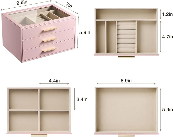 pickpiff Jewelry Box Organizer Case for Women: 3-Layer Jewelry Storage Case with Glass Window, Pink Leather with Velvet Holder for Ring Necklace Bracelet Brooch Watch, Great Gift for Her - Image 7