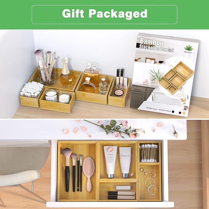 Bamboo Bathroom Drawer Organizer Dividers, Wooden Kitchen Utensil Holder Set of 5, Stackable Junk Drawer Organizer Tray, Multi-Use Storage Bins Boxs for Home, Office, Clothing, Makeup, Jewelry - Image 3