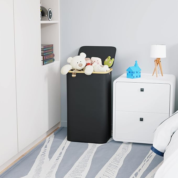 SUOCO Laundry Basket with Lid, 29 Gal (110L) Clothes Hamper with Bamboo Handles, Large Foldable Laundry Hamper for Bedroom, Bathroom, Dorm, Laundry Room - Black - Image 4