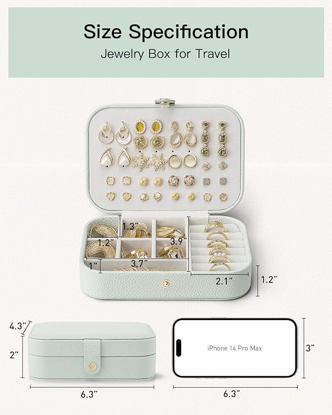 VLANDO Travel Jewelry Case for Women Girls Mothers, PU Leather Portable Small Jewelry Box for Rings, Necklaces, Bracelets, Earring Holder Organizer Storage for Travel, Bridesmaid Gifts - Mint Green - Image 5