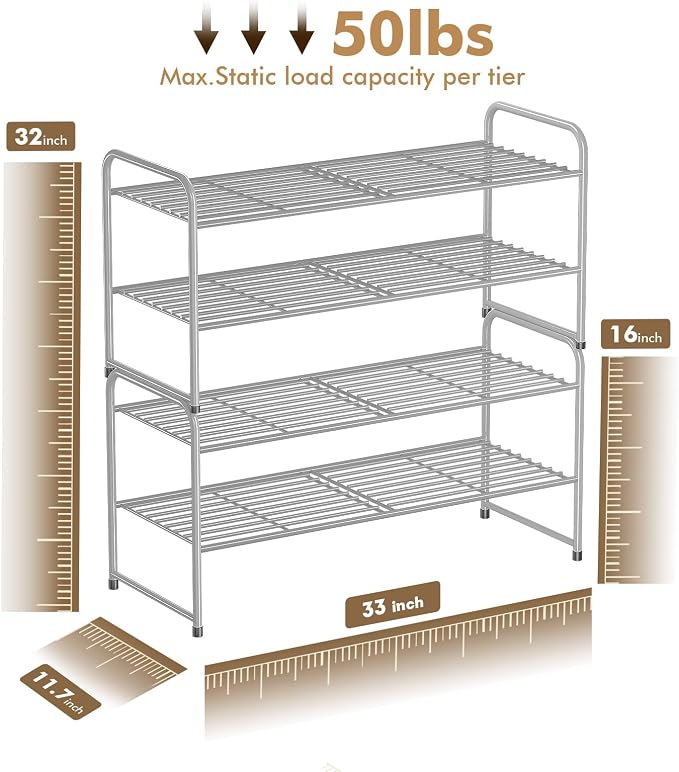 SUFAUY 2-Tier 33" Wide Shoe Rack, Closet Metal Wire, Stackable, Gray - Image 3