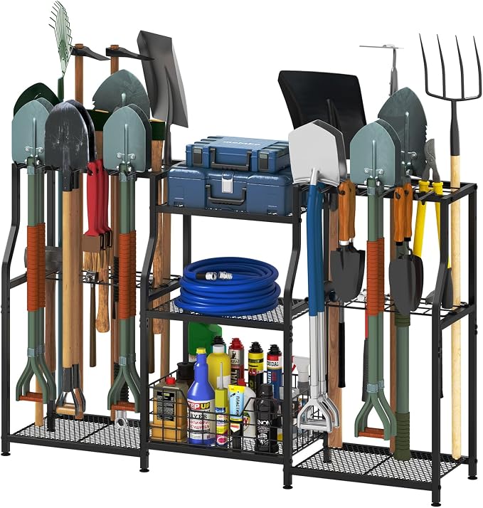 keomaisyto Garden Tool Organizer, Heavy Duty Yard Tool Tower Rack for Garage Organization and Storage, 3 Tier Utility Garden Tool Rack with hooks for Garden/Shed/Garage/Yard/Basement/Lawn by keomaisyto