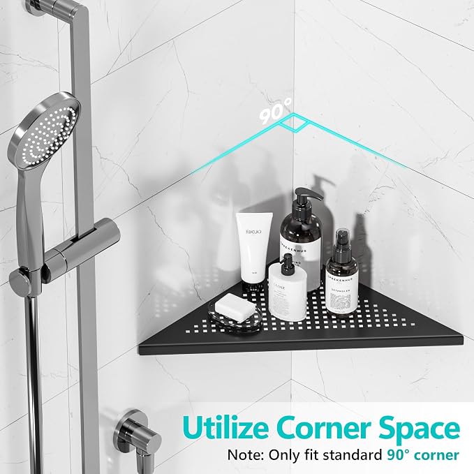 Qeke Bathroom Corner Shelf, Recessed 12" Shower Shelf Caddy, SUS304 Stainless Steel Shelf Wall Mount Triangular, No Drilling, Matte Black - Image 3