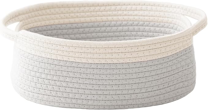 JMvicyroam Woven Basket,Small Rope Storage Bin with Handles & Ribbon Bag, Organizer for Shelves Closets,Gift Basket Empty for Birthday,Books,Dog Toys, White&Grey by JMvicyroam