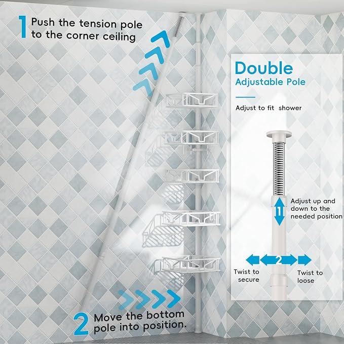 Skycarper 5 Tier Adjustable Corner Shower Caddy Organizer with Hooks,Rustproof Tension Pole 62-116 Inch,White - Image 6