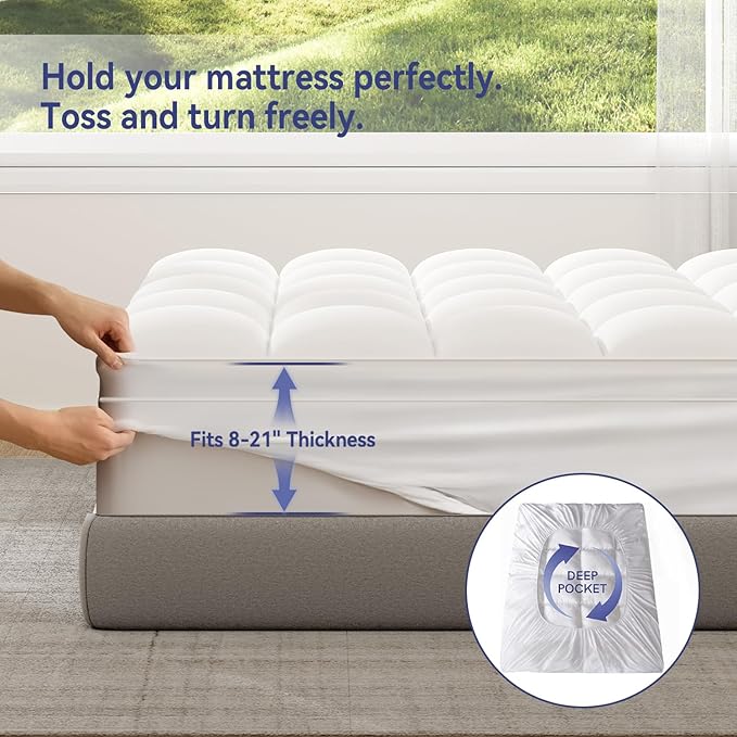 ELEMUSE Super/Olympic Queen Mattress Topper for Back Pain, Extra Thick Mattress Pad Cover, Plush Soft Pillowtop with Elastic Deep Pocket, Overfilled Down Alternative Filling
