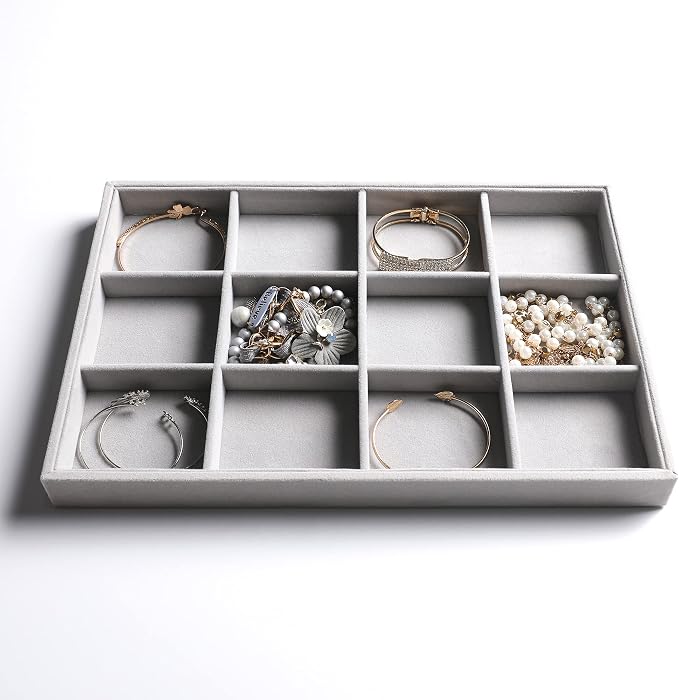 Frebeauty Stackable Velvet Jewelry Organizer Trays for Drawers Inserts Jewelry Storage Tray Display Case, Stud Earrings Bracelets Necklace Rings Trays for Women Girls(Set of 2)(Grey) - Image 4