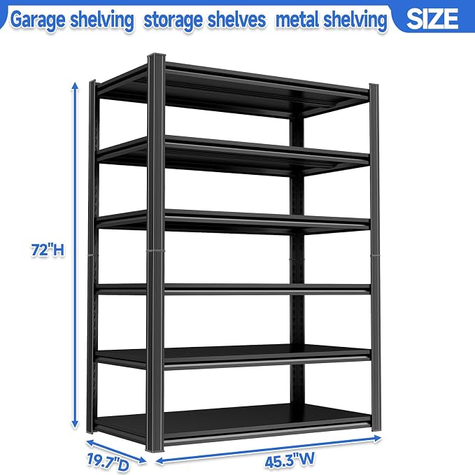 PRESTELION 6-Tier Storage Shelves Heavy Duty 3000LBS Garage Shelving Unit Adjustable Metal Shelf for Basement, Warehouse, Pantry, Closet, Kitchen 78" H x 45.3" W x 19.7" D, Black - Image 2