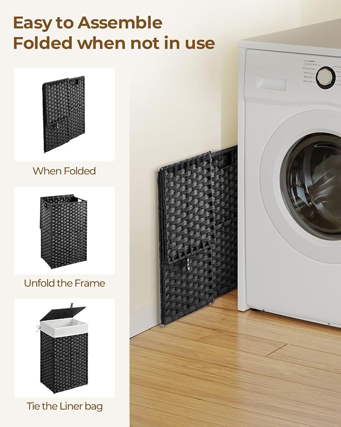 Greenstell Laundry Hamper with Lid, 60L Clothes Hamper with 2 Removable Liner Bags & 2 Mesh Bags, Handwoven Synthetic Rattan Basket, Toys in Bathroom, Bedroom Black - Image 7