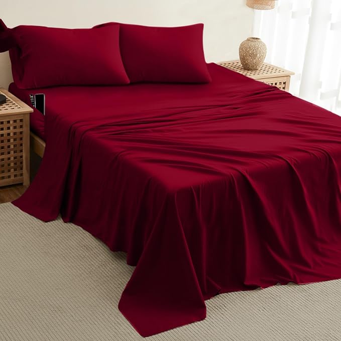 DREAMCARE California King Sheet Sets – 4 pcs Cooling Sheets – up to 21” Deep Cal King Sheets – Hotel Luxury Pillowcases – Superior Softness 100% Fine Microfiber with Side Pocket –Burgundy