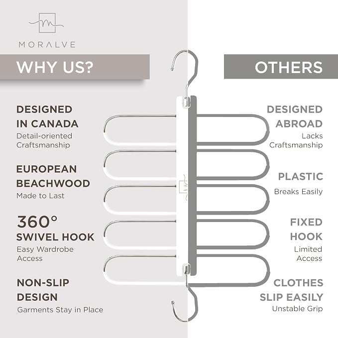 MORALVE Pants Hangers Space Saving - European Beechwood Scarf and Jean Hangers - Closet Organizer and Space Saver Pant Rack, Leggings Hanger, and Scarf Holder with 360° Swivel Hook (1 Pack) - Image 5