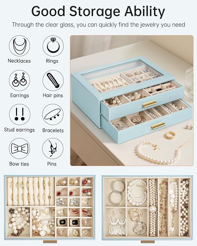 AKOZLIN Jewelry Box with Clear Lid Functional Leather Jewelry Storage Organizer Case 2 Drawers for Women Girls Necklace Ring Bracelet Earring - Image 3