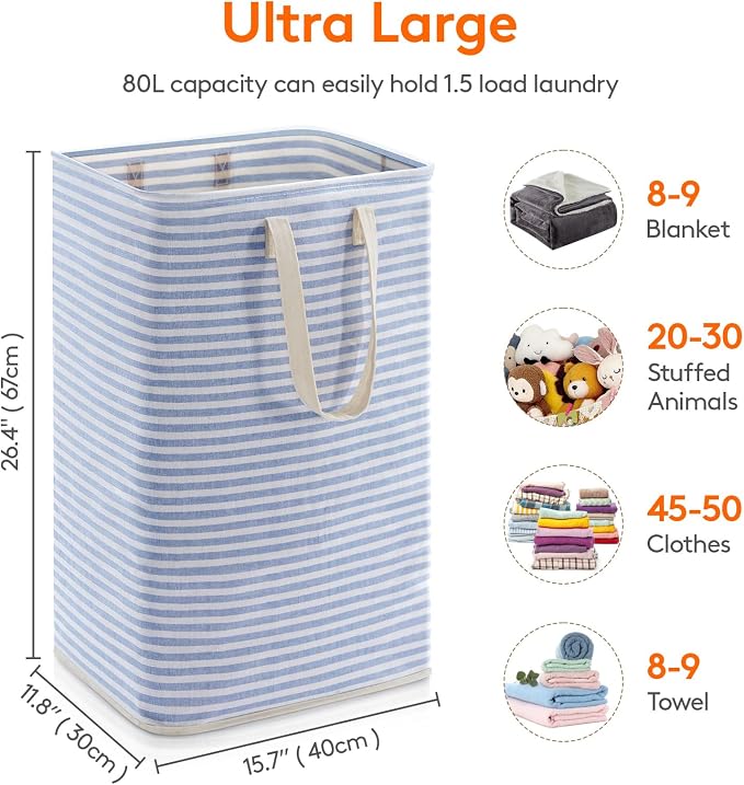 Lifewit 1 Pack Laundry Basket 80L Each, Collapsible Clothes Hamper with Reinforced Handles, Freestanding Waterproof Design for Bedroom and Laundry Room, Blue 80L Total - Image 3