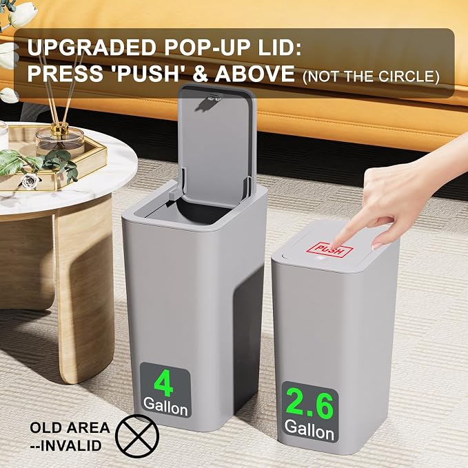 N. NETDOT 3 Pack (2 of 4 Gal & 1 of 2.6 Gal) Small Trash Can with Lid,Bathroom Garbage Can with Pop-Up Lid,Waste Basket for Bathroom,Kitchen,Bedroom,Powder Room,Craft Room,Office,College (Gray) - Image 4