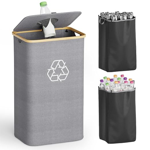 SpaceAid Recycling Bin for Kitchen 26 Gallon, 100L Recycle Bin with Lid and 2 Reusable Inner Bags, for Bottle Can Glass Plastic Stickers, Grey by SpaceAid