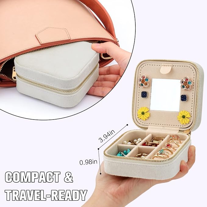 DesignSter Travel Jewelry Box - Velvet Mini Jewelry Organizer, Small Jewelry Case for Girls Women, Jewelry Storage Box for Rings Earrings Necklace (Square, Cream Beige) - Image 2