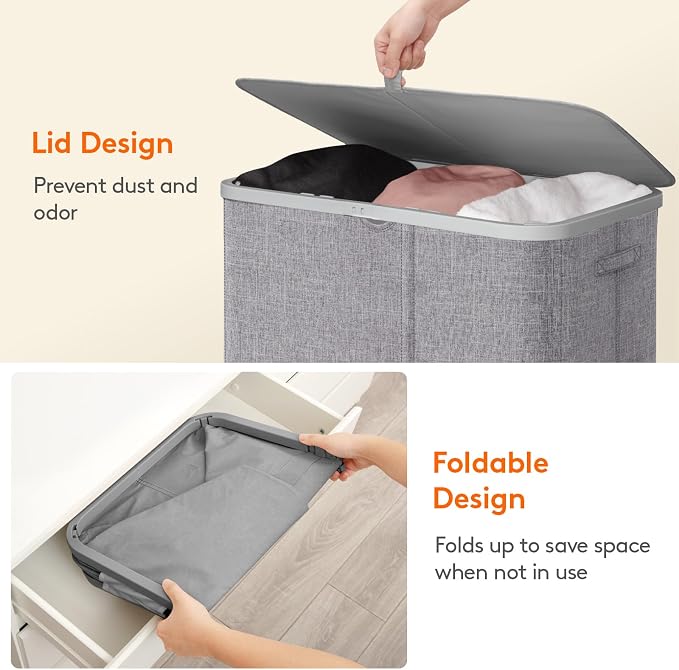 Lifewit 185L Large 3 Section Laundry Hamper with Lid, Plastic Laundry Basket with Bamboo Handles and Removable Bags, Tall Foldable Clothes Hamper for Bathroom Bedroom, Light Gray - Image 8
