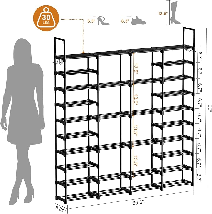 WOWLIVE 4 Row 10 Tiers Extra Large Shoe Rack Big Tall Metal Shoe Shelf, Heavy Duty Organizer for Closet Entryway, Boot Rack Storage Stackable Stand for Garage Black - Image 3