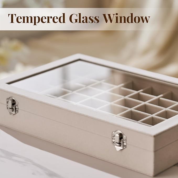 48 Grid Earring Organizer and Storage: Velvet Jewelry Tray with Lid, Jewelry Box for Studs, Earrings, Rings, Necklaces, Dresser & Vanity, Earrings Case for Girls, Women, 13"x8.6"x2.4", Beige - Image 8