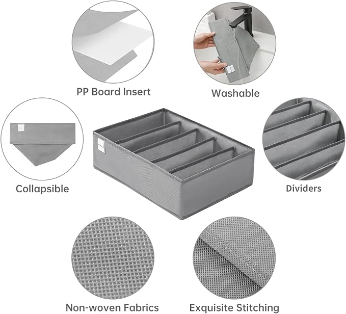 4 Packs T-shirt Drawer Organizers for Clothing,5 Grids Compartment Wardrobe Storage Box, Washable Clothes Organizer for Folded Clothes, T-shirt, Legging, Silk Scarve-Grey - Image 5