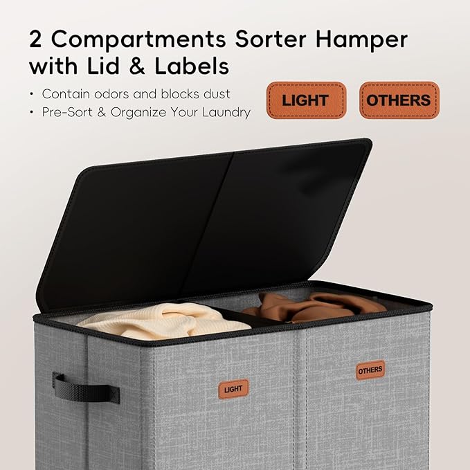 150L Double Laundry Hamper With Lid, Large Clothes Hampers with Removable Bag, Laundry Hamper 2 Section for Bathroom, Bedroom, Laundry Room, Dorm, Grey - Image 4